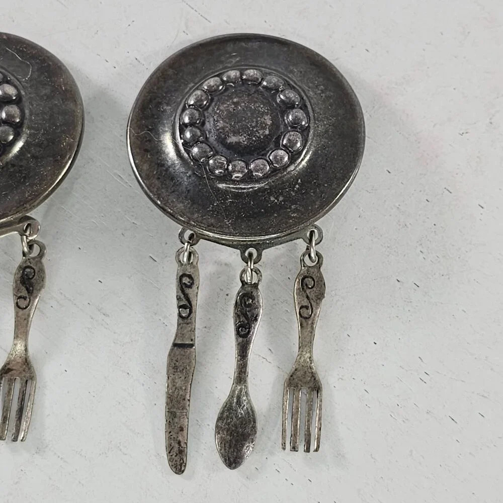 Vintage Clip On Earrings With Dangling Utensils Fork Spoo Knife Charms - Picture 4 of 8